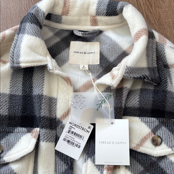 Thread & Supply Cream, Black & Taupe Plaid Fleece Shacket - Picture 2 of 3